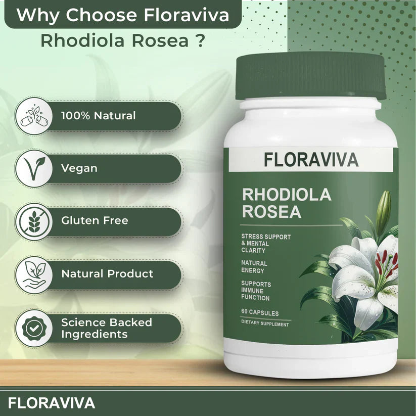 Rhodiola Rosea Capsules - Floravida for Energy, Focus, Mood - 60 Capsules