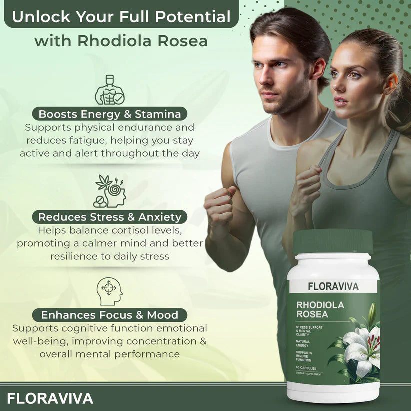 Rhodiola Rosea Capsules - Floravida for Energy, Focus, Mood - 60 Capsules