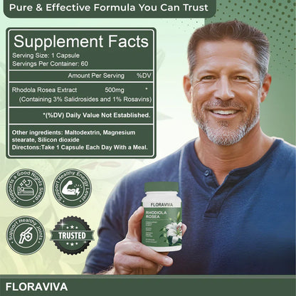 Rhodiola Rosea Capsules - Floravida for Energy, Focus, Mood - 60 Capsules