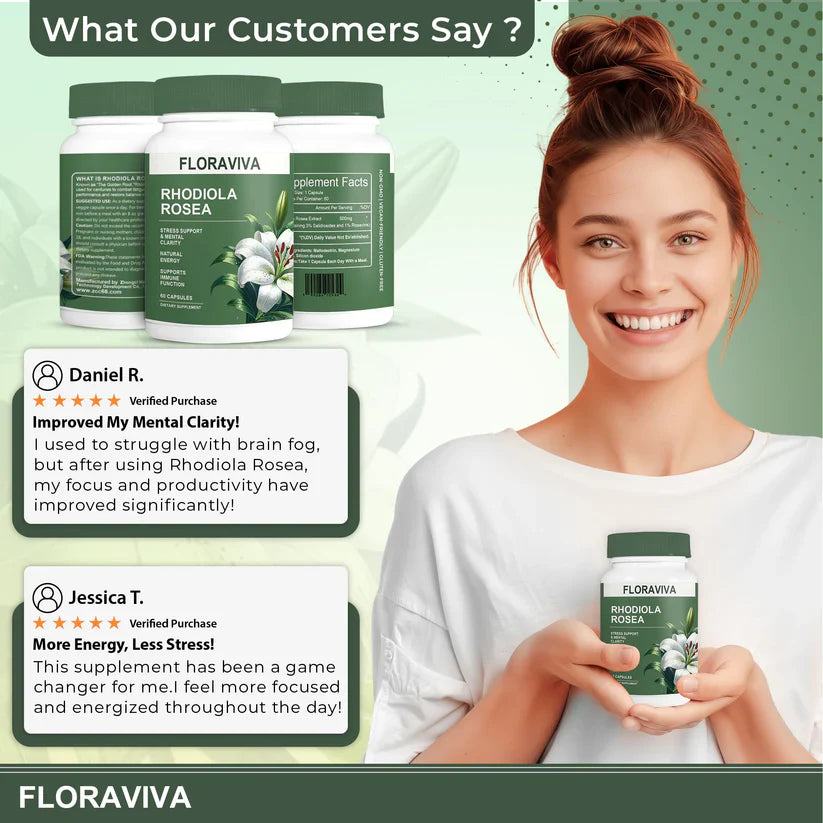 Rhodiola Rosea Capsules - Floravida for Energy, Focus, Mood - 60 Capsules
