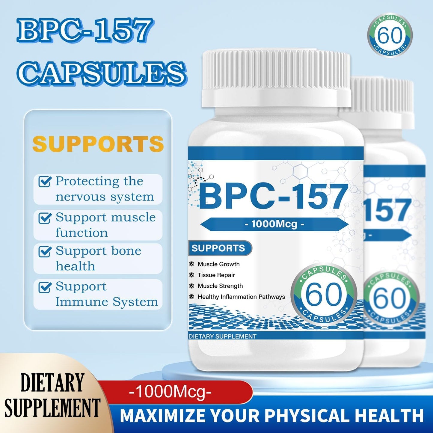 60 Peptide Capsules 1000 mcg | Supports Muscle Growth & Tissue Repair | Enhances Strength & Recovery | Non-GMO & Gluten Free