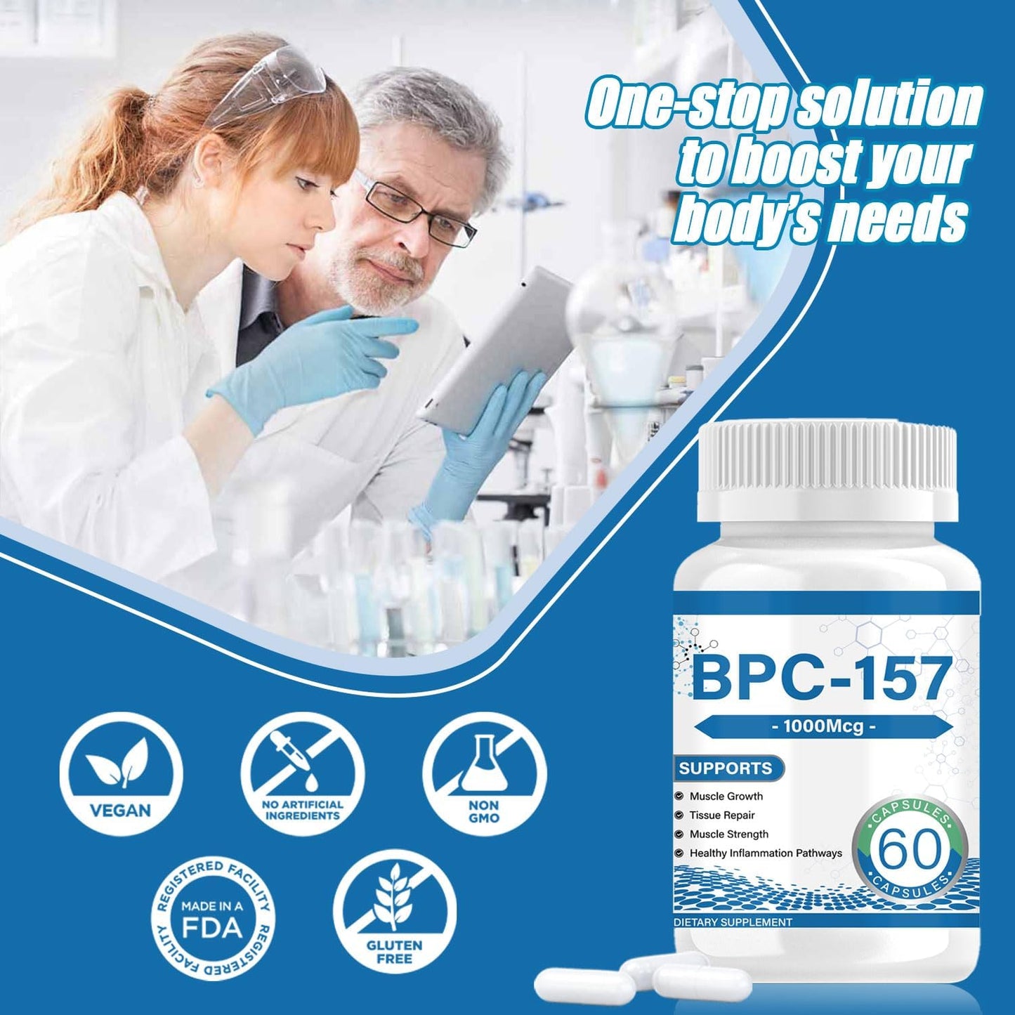 60 Peptide Capsules 1000 mcg | Supports Muscle Growth & Tissue Repair | Enhances Strength & Recovery | Non-GMO & Gluten Free