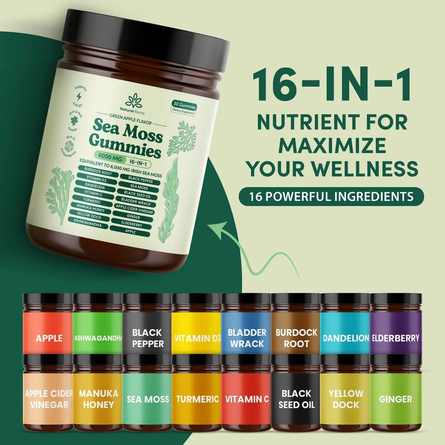 Sea Moss 16-in-1 Gummies | Immunity, Energy & Gut Health Support | Superfood Multivitamin Gummies