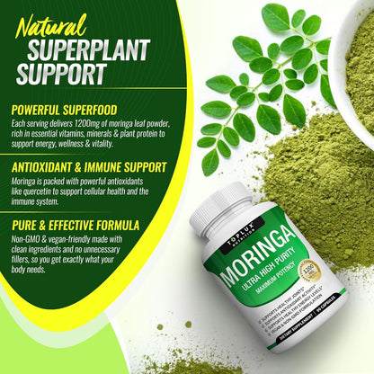 Moringa Capsules 1200mg – Pure Oleifera Leaf Superfood for Immune & Skin Health | Vegan, Non-GMO | 90 Capsules