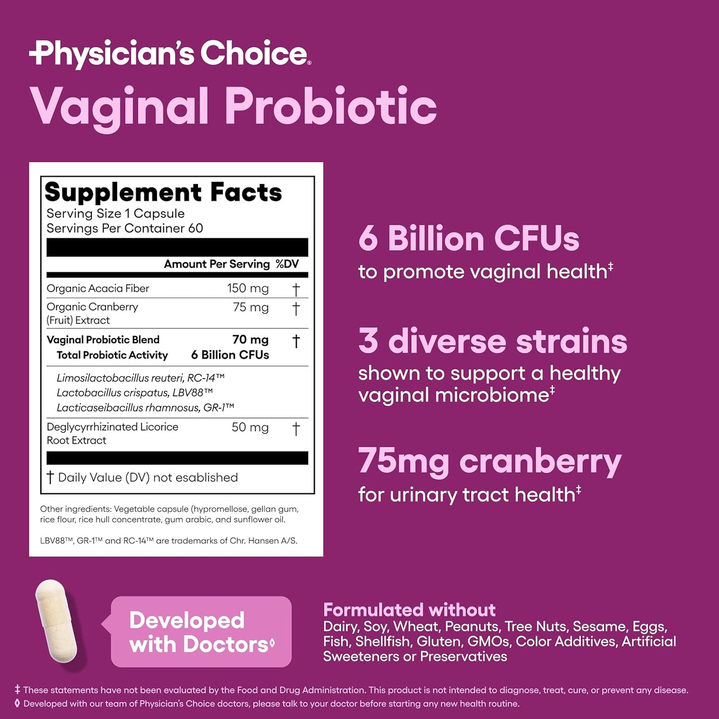 Women’s Vaginal Probiotics – Advanced pH, Odor & Yeast Support – 6 Billion CFU with Organic Prebiotics & Cranberry – Feminine Health Formula – 30 Capsules