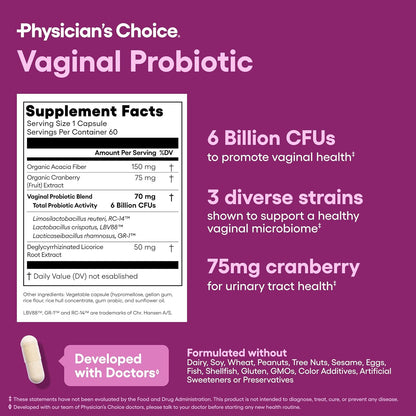 Women’s Vaginal Probiotics – Advanced pH, Odor & Yeast Support – 6 Billion CFU with Organic Prebiotics & Cranberry – Feminine Health Formula – 30 Capsules