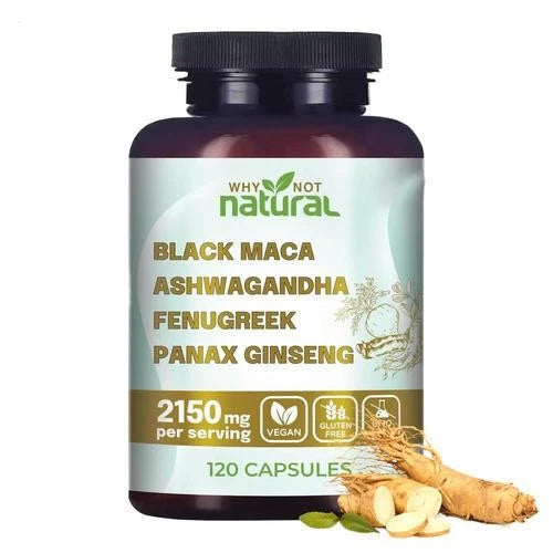 Why Not Natural 4-in-1 Organic Black Maca Root, Ashwagandha, Fenugreek, Panax Ginseng Capsules, Supplement for Men and Women