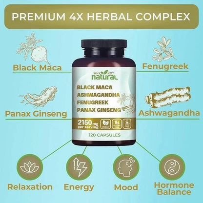 Why Not Natural 4-in-1 Organic Black Maca Root, Ashwagandha, Fenugreek, Panax Ginseng Capsules, Supplement for Men and Women