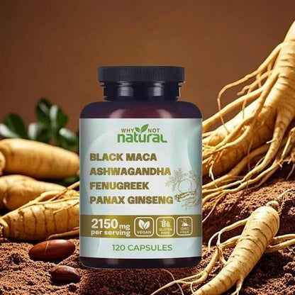 Why Not Natural 4-in-1 Organic Black Maca Root, Ashwagandha, Fenugreek, Panax Ginseng Capsules, Supplement for Men and Women