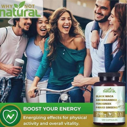 Why Not Natural 4-in-1 Organic Black Maca Root, Ashwagandha, Fenugreek, Panax Ginseng Capsules, Supplement for Men and Women