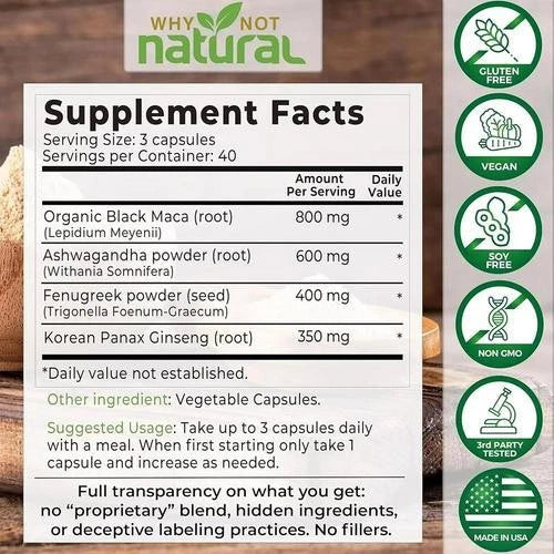 Why Not Natural 4-in-1 Organic Black Maca Root, Ashwagandha, Fenugreek, Panax Ginseng Capsules, Supplement for Men and Women