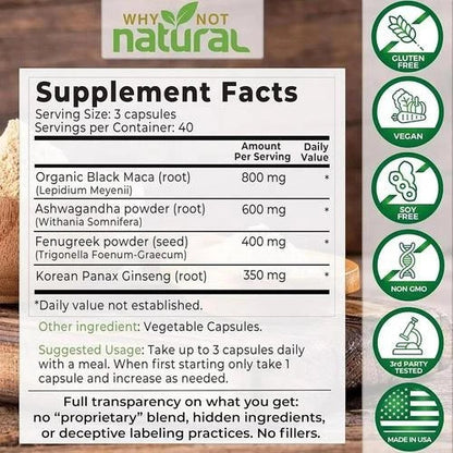Why Not Natural 4-in-1 Organic Black Maca Root, Ashwagandha, Fenugreek, Panax Ginseng Capsules, Supplement for Men and Women