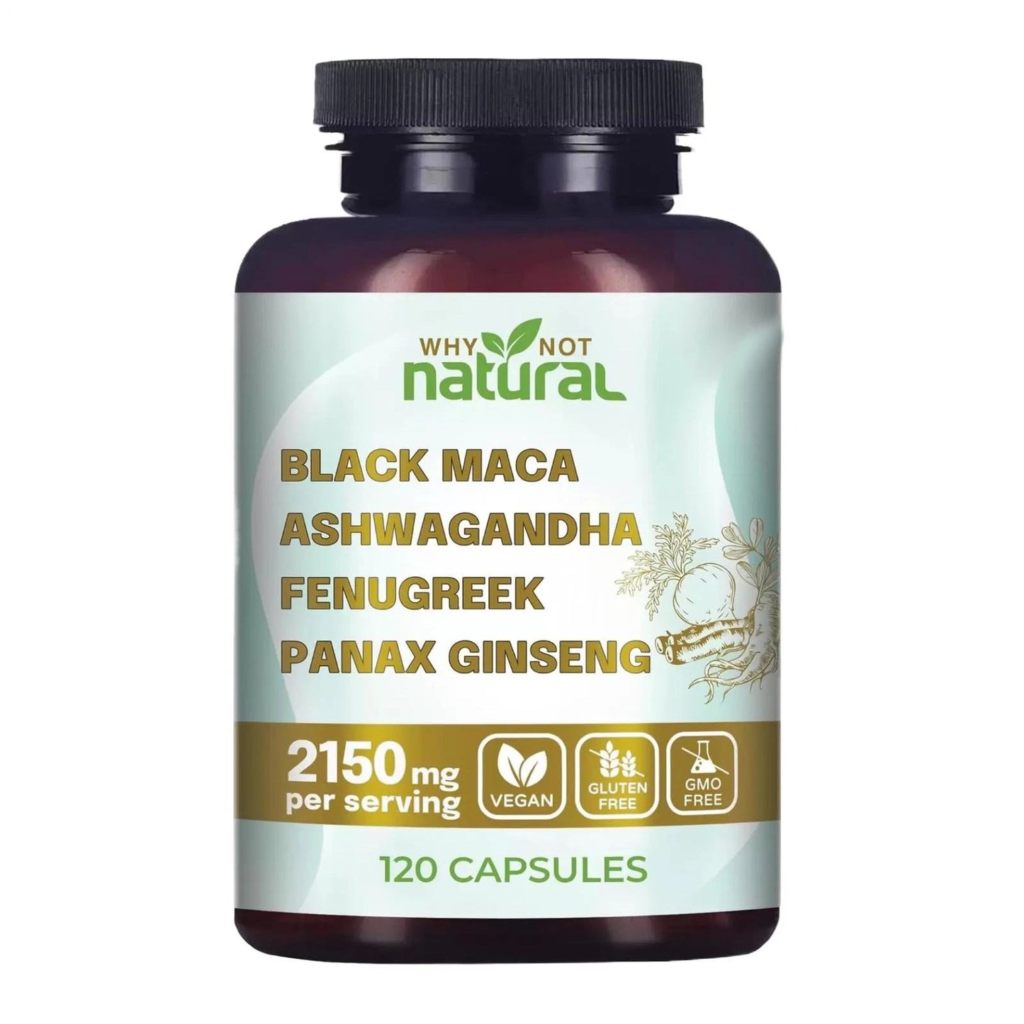 Why Not Natural 4-in-1 Organic Black Maca Root, Ashwagandha, Fenugreek, Panax Ginseng Capsules, Supplement for Men and Women