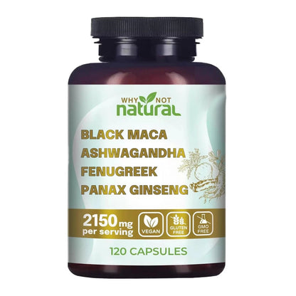 Why Not Natural 4-in-1 Organic Black Maca Root, Ashwagandha, Fenugreek, Panax Ginseng Capsules, Supplement for Men and Women