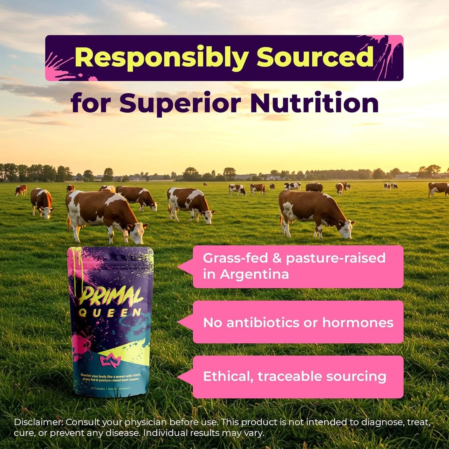 Primal Queen Female-Optimized Beef Organ Superfood Supplement - 100% Grass Fed, Pasture Raised Cattle - Balance Hormones, Energy