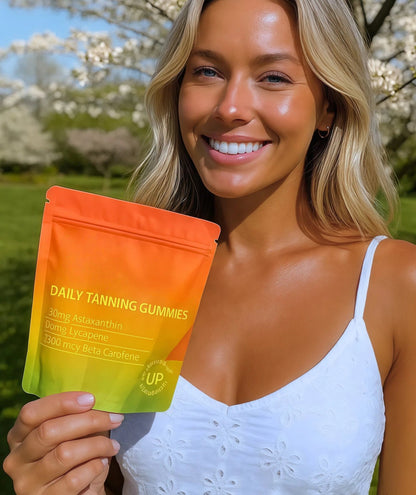New Daily Tanning Gummies - 60 tart watermelon flavored gummies, beneficial for skin health.